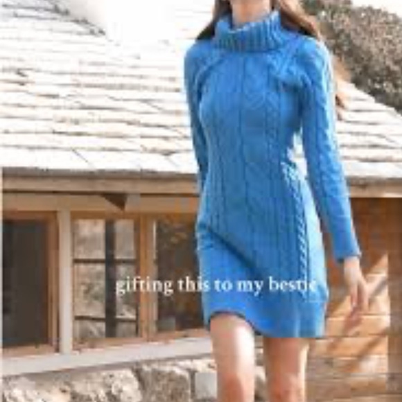 Blue Cable Knit Turtleneck Sweater Dress - Picture 2 of 2